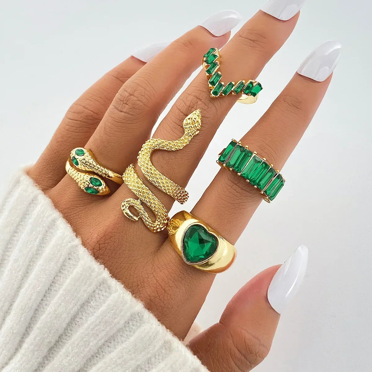 2024 New Tide Individuality Retro Geometric Hollowing Inlay Gem Rings SetLiquid State Metal Four-Piece Rings Set Paty Jewelry