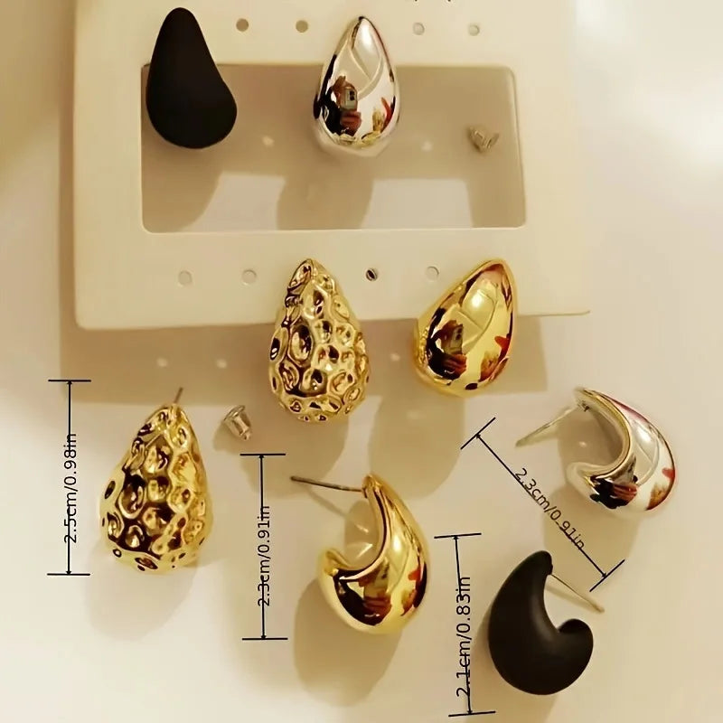 Vintage Glossy Thick Metal Water Drop Stud Earrings Fashion Creative Pleated Tear Drop Earrings Women's Elegant Party Jewelry