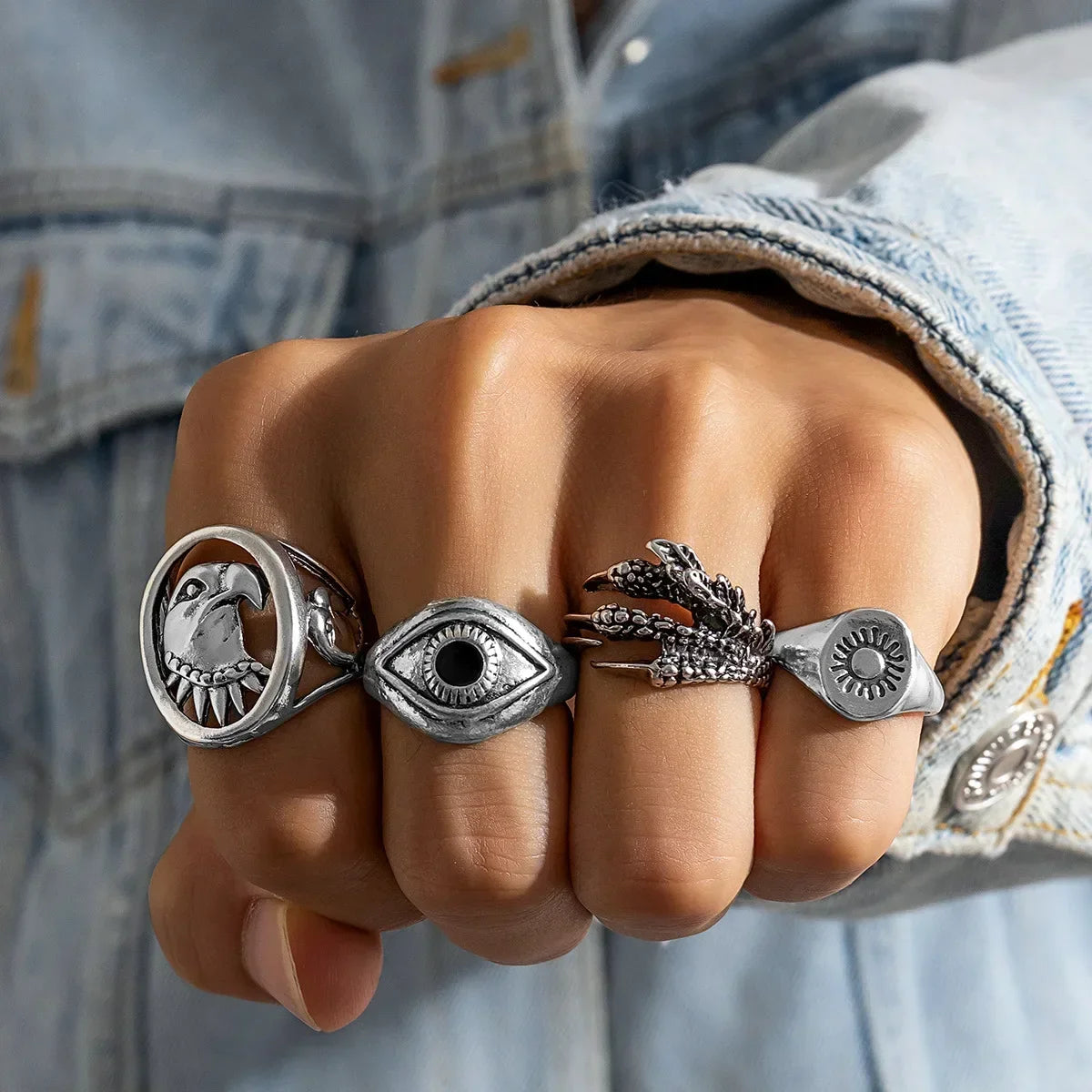 2024 New Tide Individuality Retro Geometric Hollowing Inlay Gem Rings SetLiquid State Metal Four-Piece Rings Set Paty Jewelry