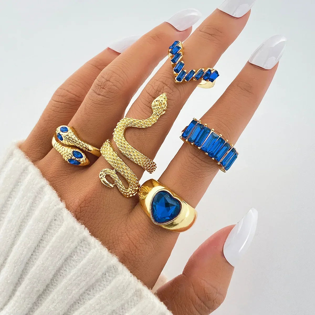 2024 New Tide Individuality Retro Geometric Hollowing Inlay Gem Rings SetLiquid State Metal Four-Piece Rings Set Paty Jewelry