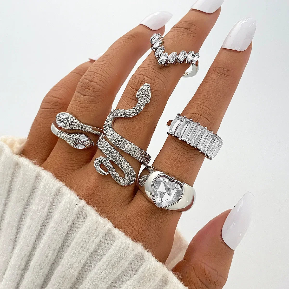 2024 New Tide Individuality Retro Geometric Hollowing Inlay Gem Rings SetLiquid State Metal Four-Piece Rings Set Paty Jewelry