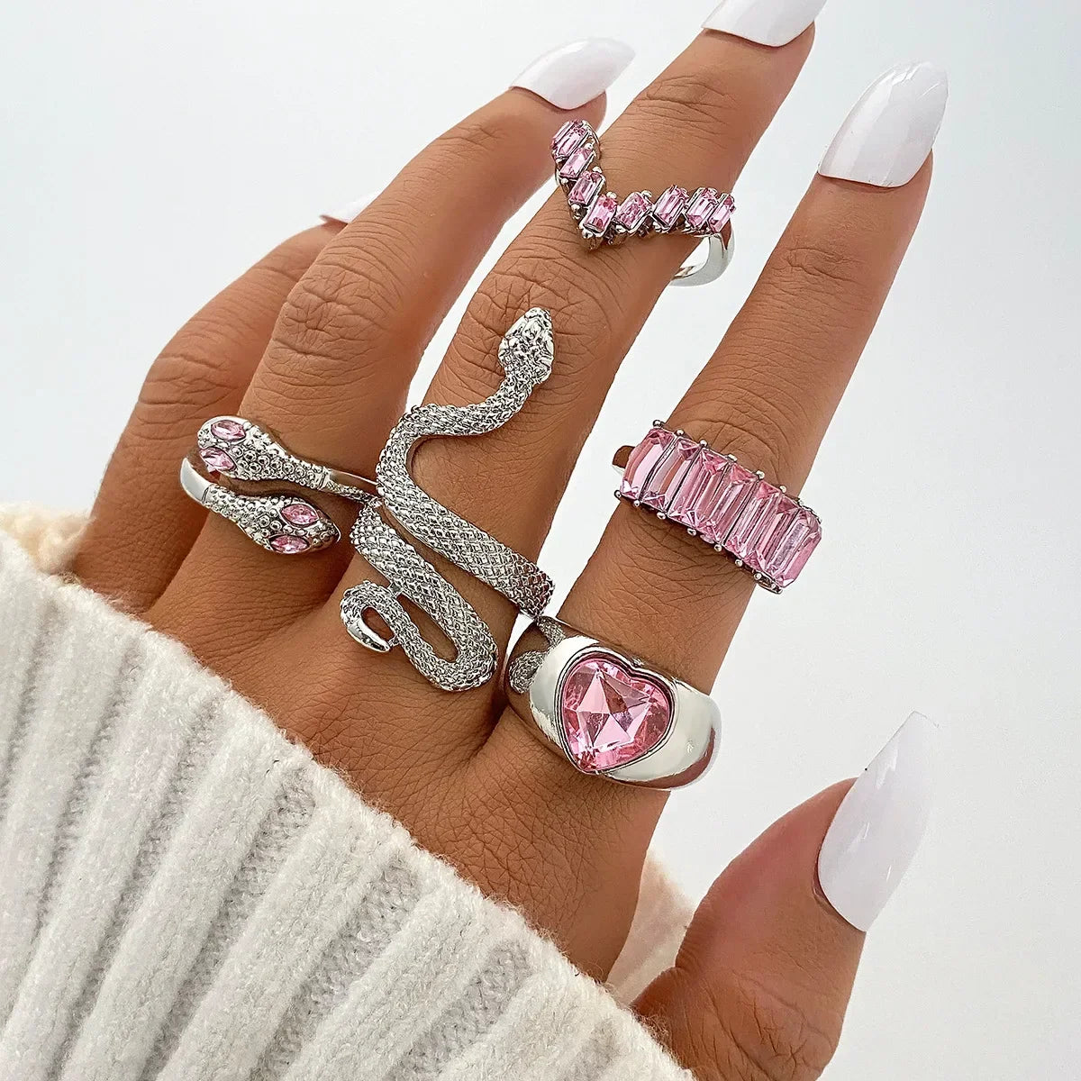 2024 New Tide Individuality Retro Geometric Hollowing Inlay Gem Rings SetLiquid State Metal Four-Piece Rings Set Paty Jewelry